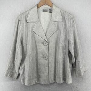 CHICOS Blazer 2 L Janelles Jacket Paisley 3/4 Sleeve Linen Sparkle Gray Silver